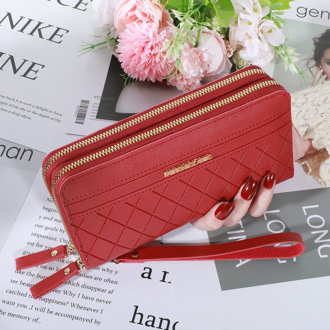 Ladies Long Leather Wallet - Double Zipper Purse Phone Bag