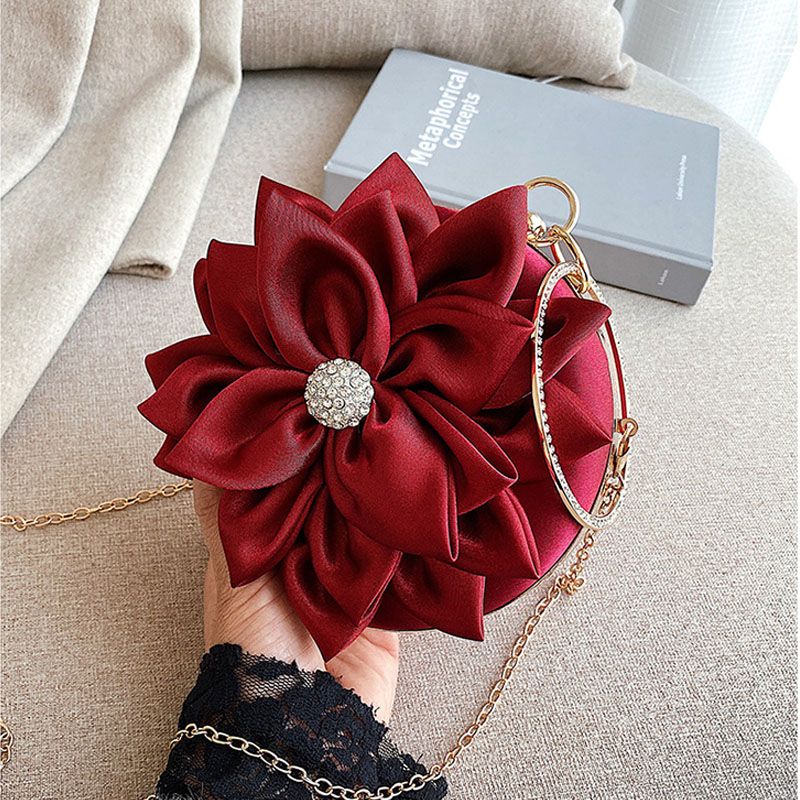 Red Flower Clutch Purse  Women Round  Evening Bag Wedding Handbag