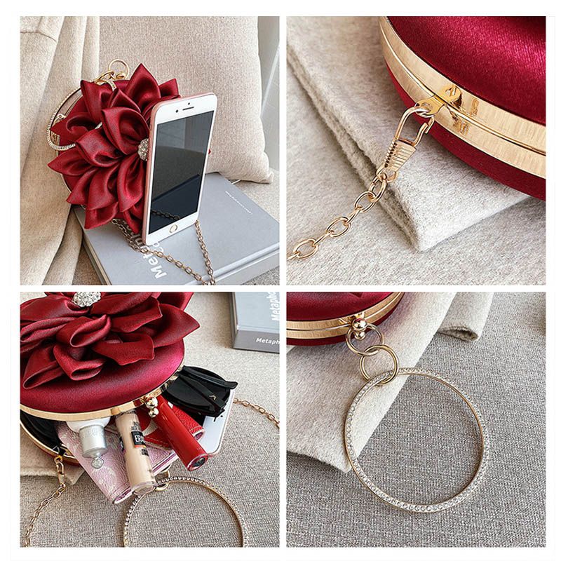 Red Flower Clutch Purse  Women Round  Evening Bag Wedding Handbag