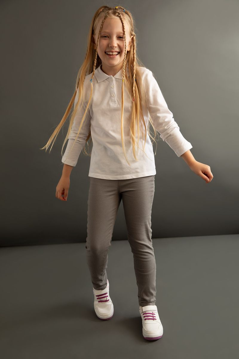 Girl Knitted Regular Fit Polo Neck Long Sleeve Polo T-Shirt -White