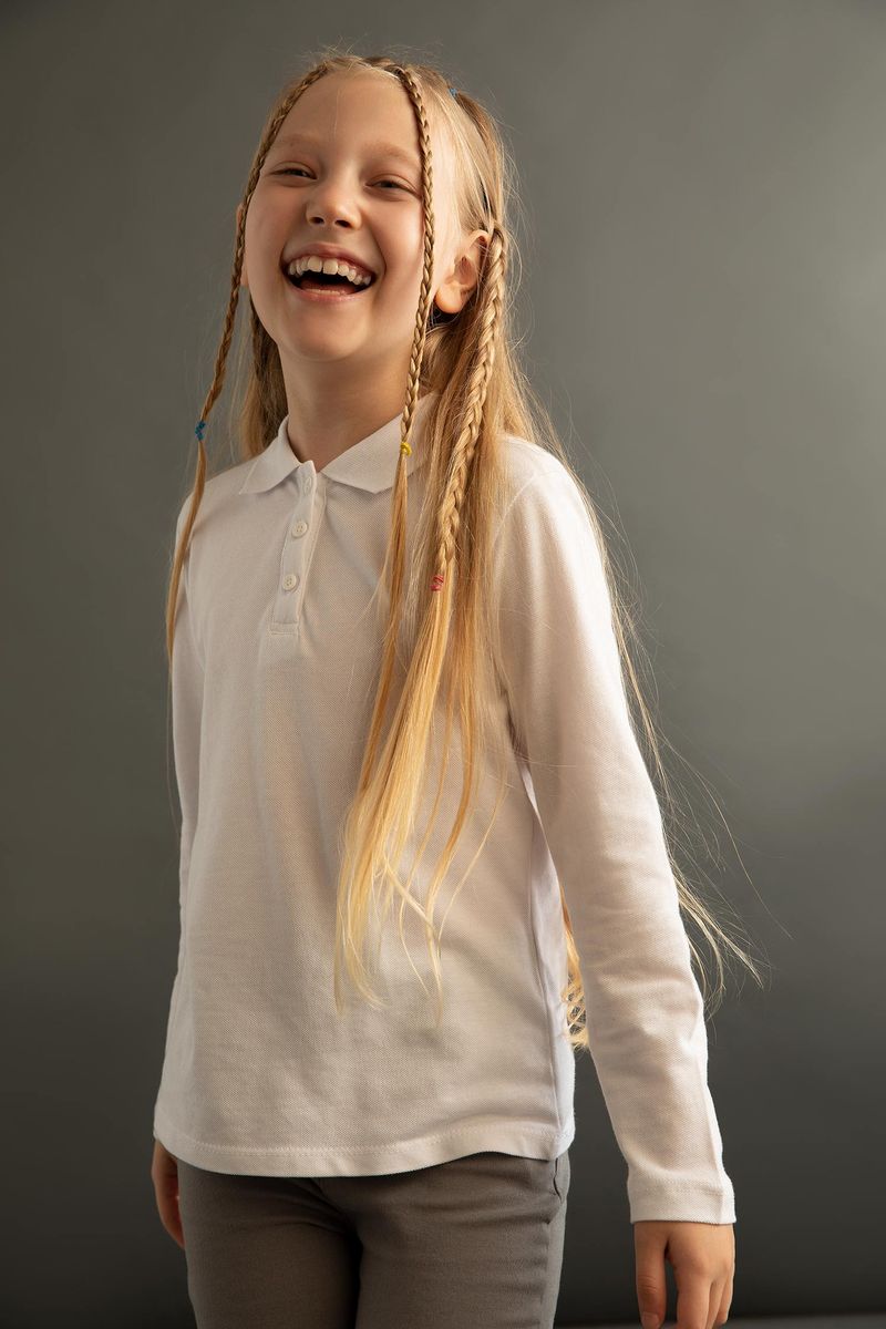 Girl Knitted Regular Fit Polo Neck Long Sleeve Polo T-Shirt -White