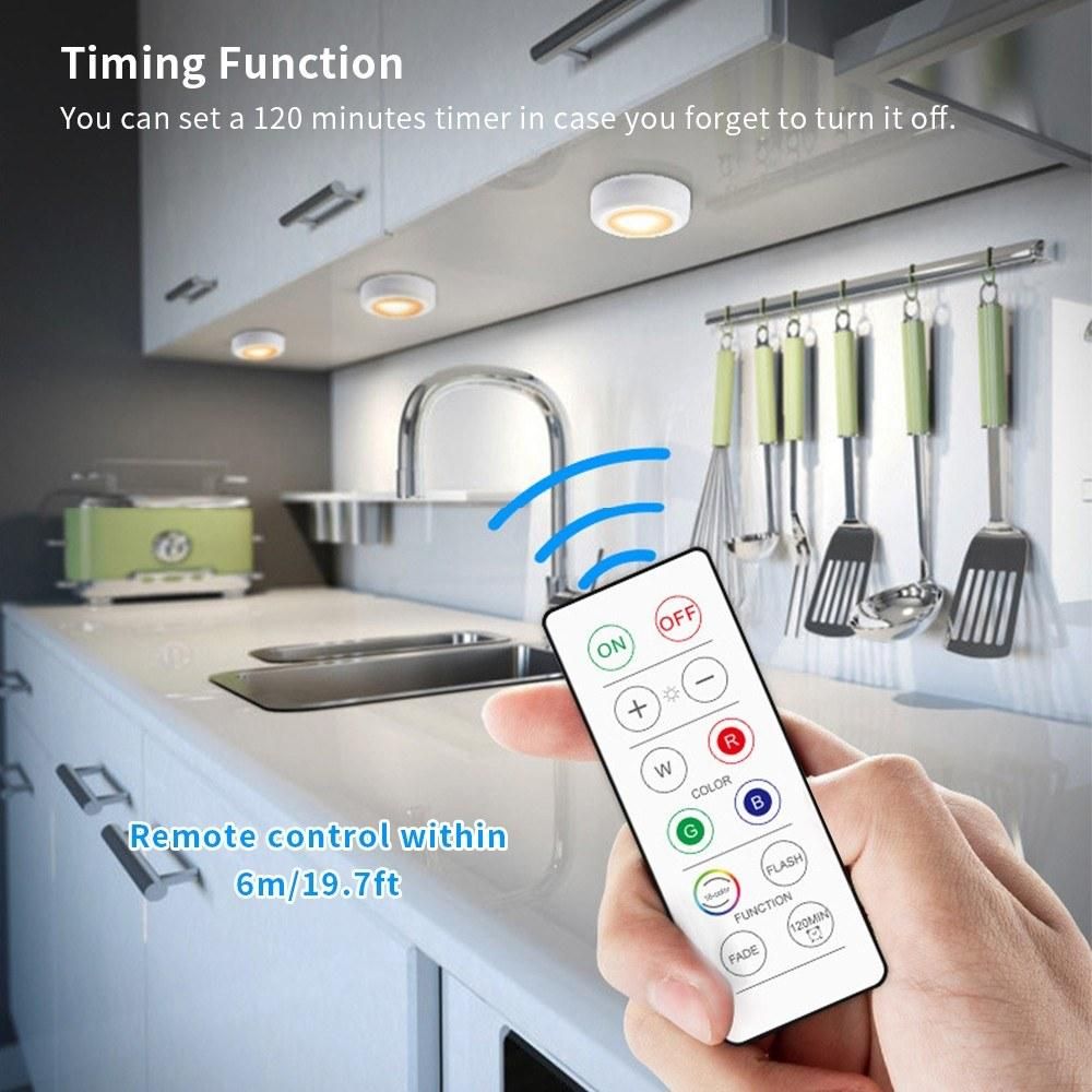 LEDs Puck Light Cabinet Lighting with Remote 16RGB Closet Light 10 Dimmer Timer Function Wirelessly Battery Operated Night Lamp for Kitchens Bathrooms Wardrobe Party