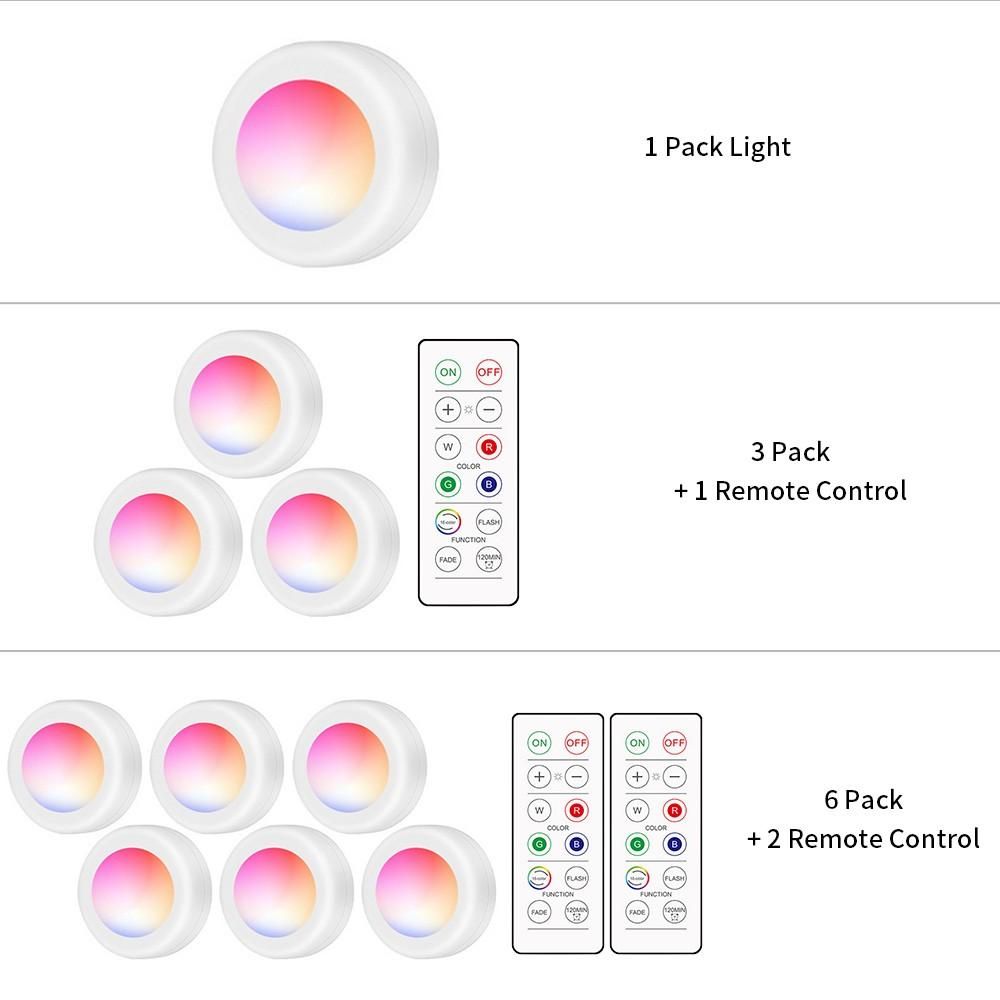 LEDs Puck Light Cabinet Lighting with Remote 16RGB Closet Light 10 Dimmer Timer Function Wirelessly Battery Operated Night Lamp for Kitchens Bathrooms Wardrobe Party