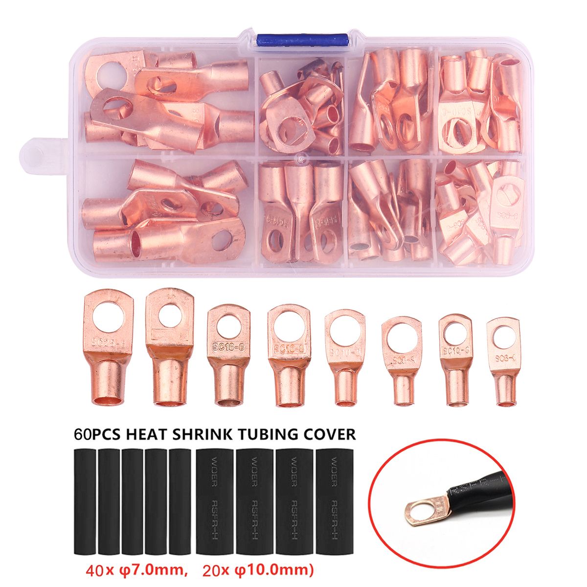 125PCS/Box Assorted Wire Lugs Kit Includes 65PCS Copper Ring