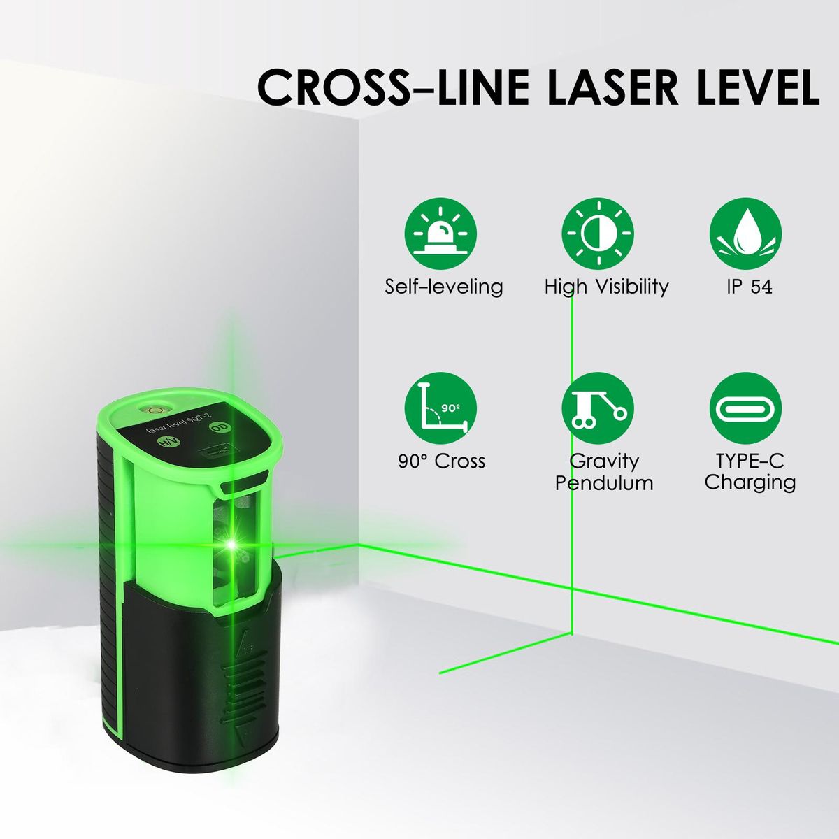 Self-leveling Laser Level 100ft/30m Outdoor Green Cross Line Laser Level with Vertical Beam Spread Covers of 150° Selectable Laser Lines For Outdoor Indoor Picture Hanging Wall Tile TYPE-C Charging