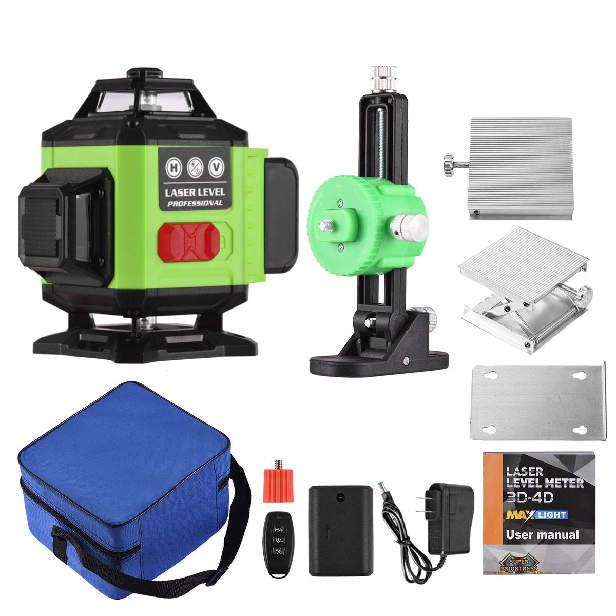 Laser Level Meter Multifunctional 4*360° 16 Lines Laser Level 3° Self-leveling Leveling Tool Green Beam Vertical Horizontal Line IP54 Waterproof Outdoor Portable with Carrying Bag Remote Control Detachable Lithium Battery f