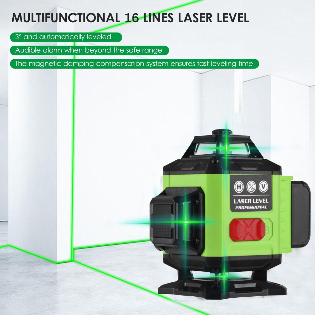 Laser Level Meter Multifunctional 4*360° 16 Lines Laser Level 3° Self-leveling Leveling Tool Green Beam Vertical Horizontal Line IP54 Waterproof Outdoor Portable with Carrying Bag Remote Control Detachable Lithium Battery f