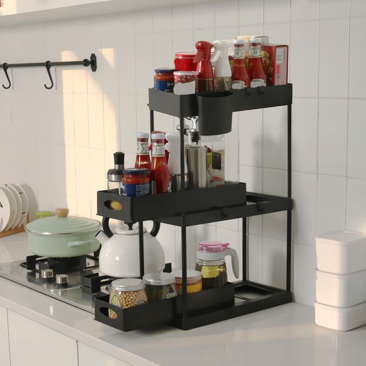 Multi-layer Pull-out Drain Storage Rack Black (3 Layer Pump)