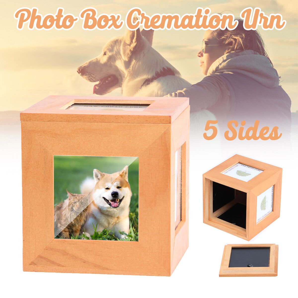 Wooden Cat Dog Pet Cremation Urn Peaceful Memorial Photo Frame Keep Box Urns