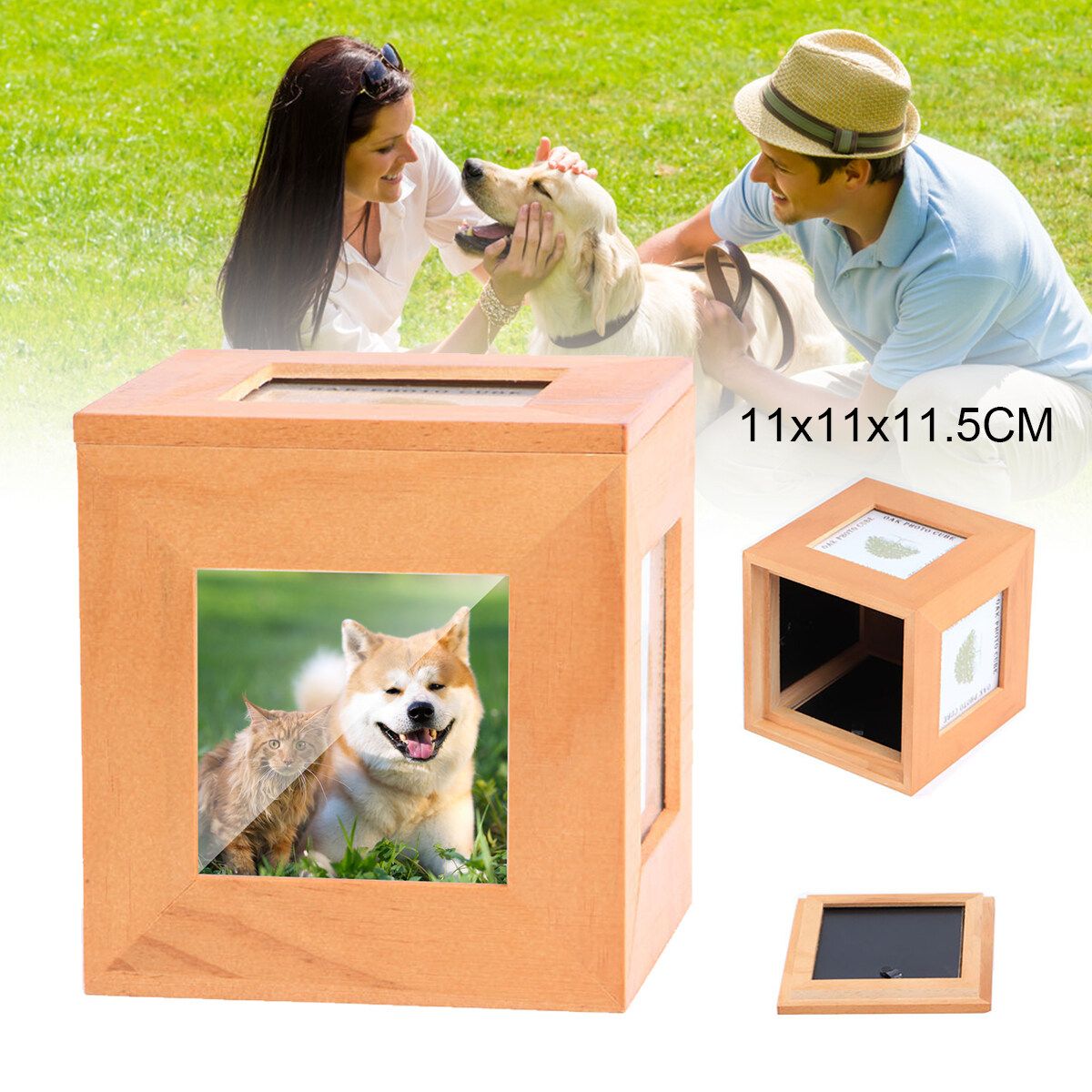 Wooden Cat Dog Pet Cremation Urn Peaceful Memorial Photo Frame Keep Box Urns