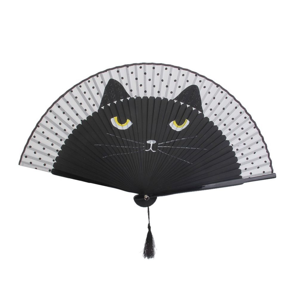 Dough Cartoon 21cm Folding Cartoon Handheld Fan Bamboo Fan Women (Black) Cat Kneading Fan Silk Folding