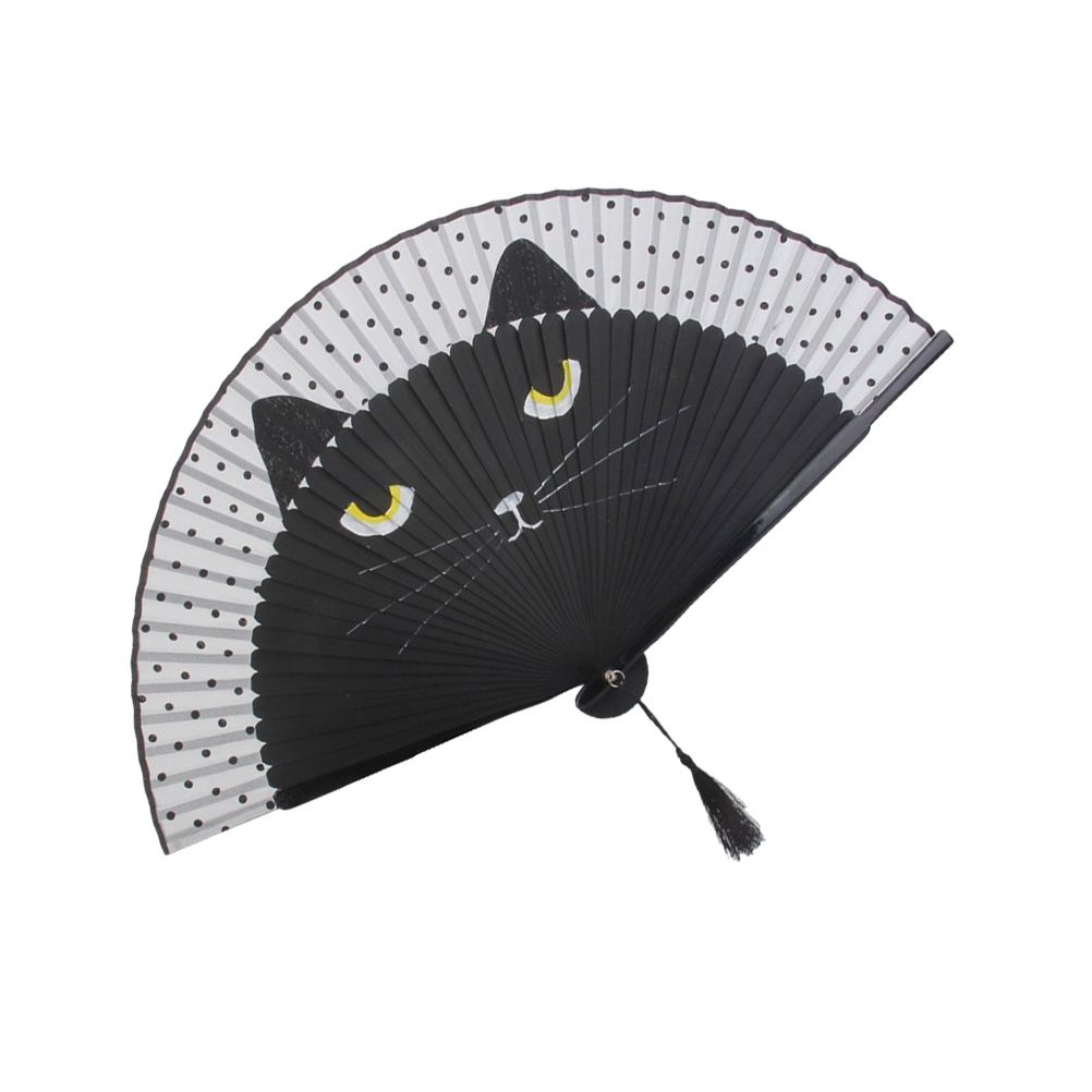 Dough Cartoon 21cm Folding Cartoon Handheld Fan Bamboo Fan Women (Black) Cat Kneading Fan Silk Folding