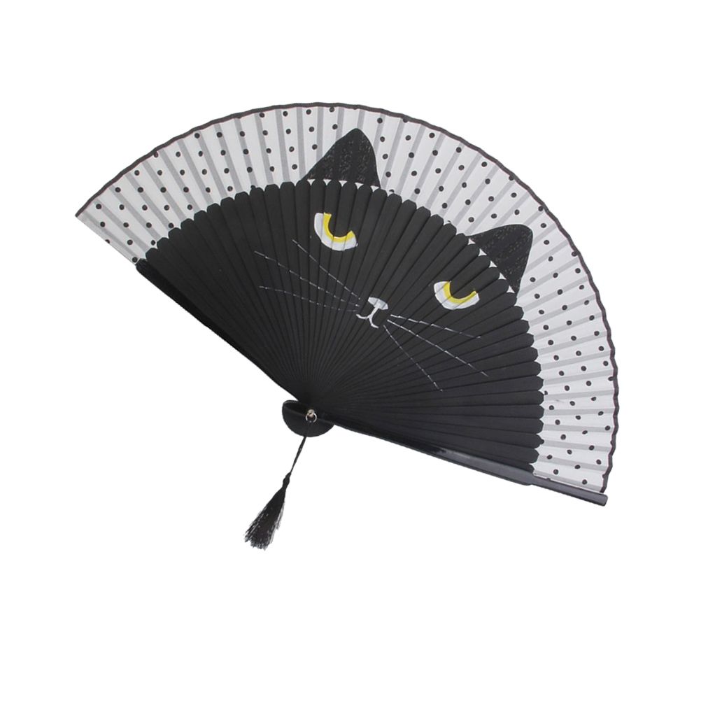 Dough Cartoon 21cm Folding Cartoon Handheld Fan Bamboo Fan Women (Black) Cat Kneading Fan Silk Folding