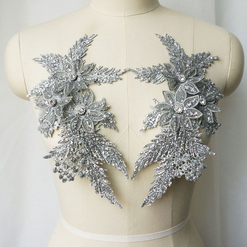 2Pcs Embroidered Sequin Cloth Sticker Rhinestones Sequin Lace Applique Sewing Flower Fabric Patch For Wedding Dress Diy Crafts Gray