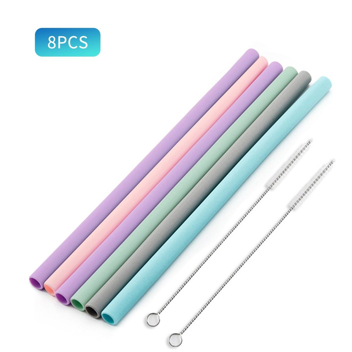 6PCS Reusable Silicone Drinking Straws With 2 Cleaning