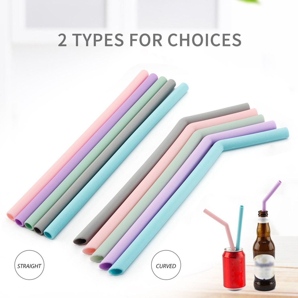6PCS Reusable Silicone Drinking Straws With 2 Cleaning