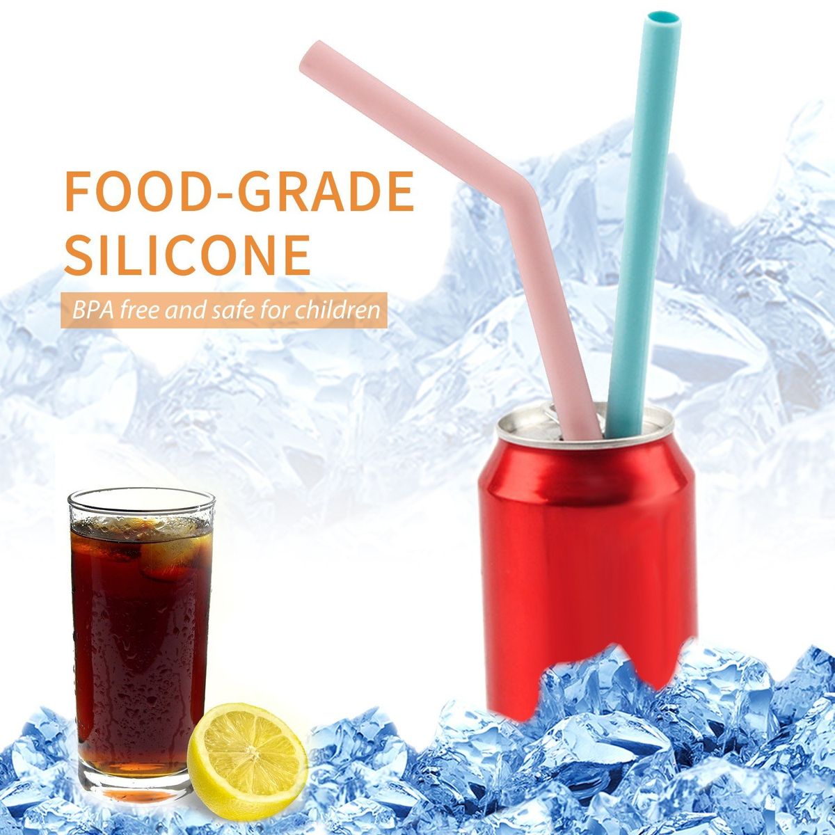 6PCS Reusable Silicone Drinking Straws With 2 Cleaning