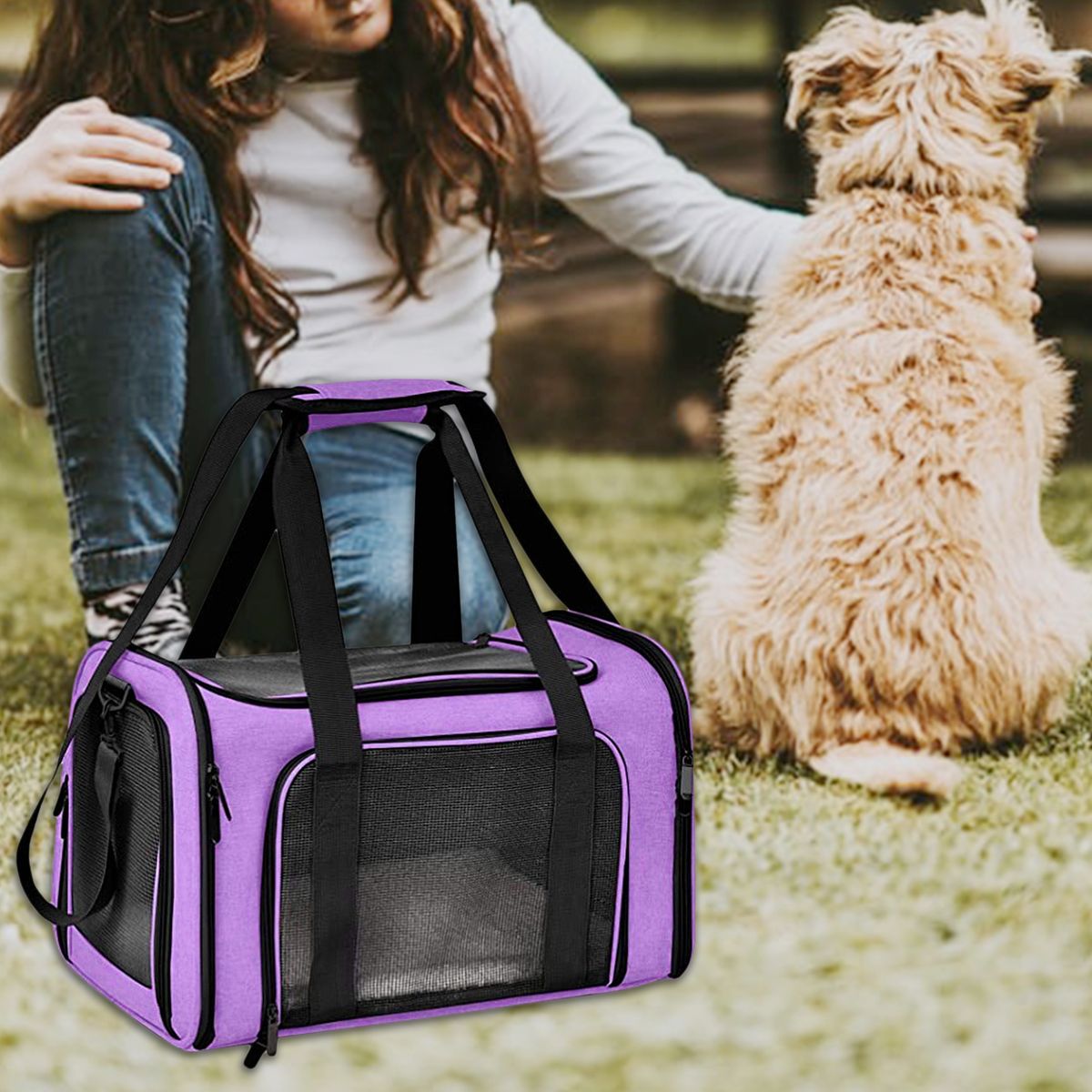 Dog Small Cat Carrier Soft Sided Comfort Bag Travel Case For Purple