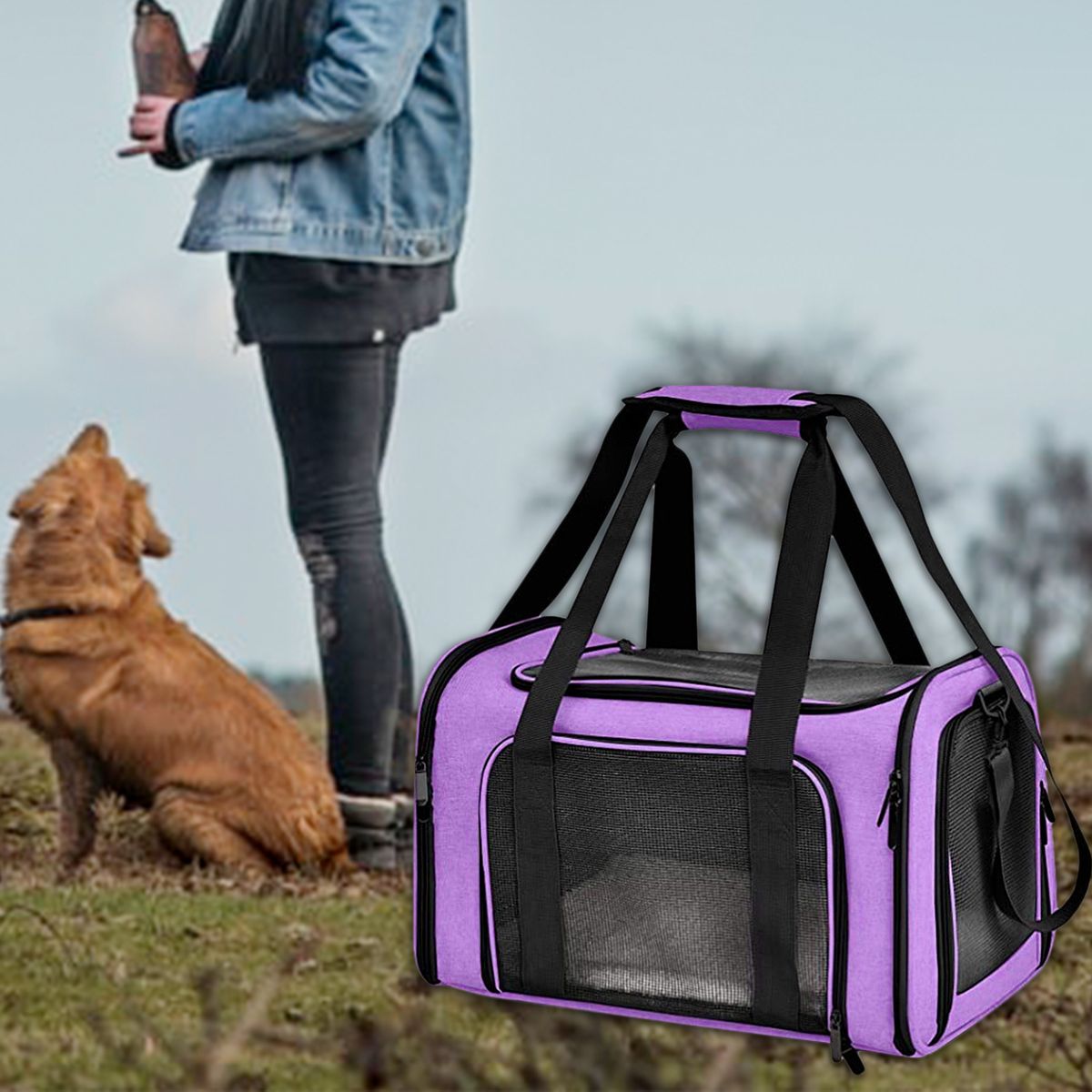 Dog Small Cat Carrier Soft Sided Comfort Bag Travel Case For Purple
