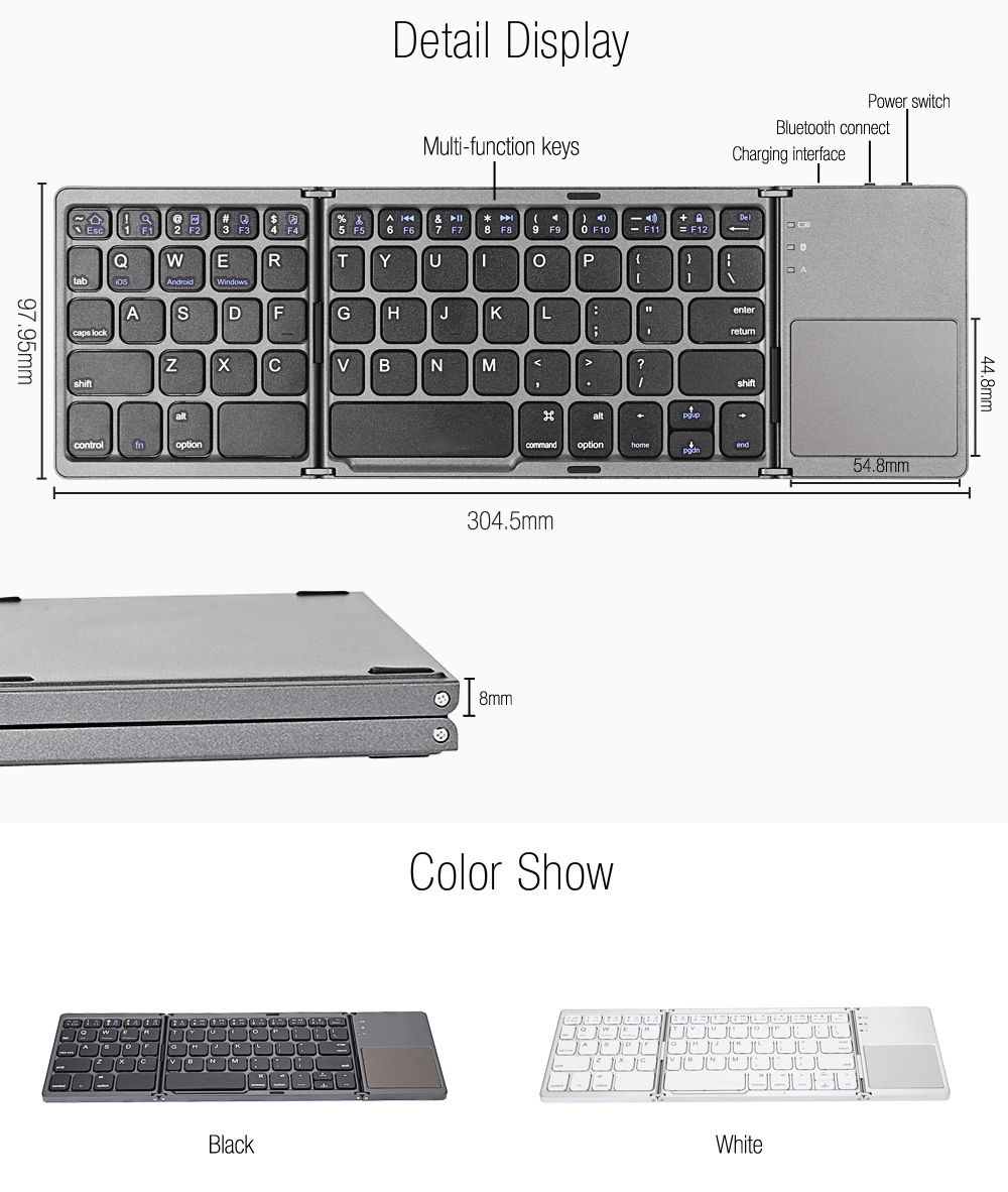 B033 Bluetooth Keyboard Three Layers Folding Touchpad