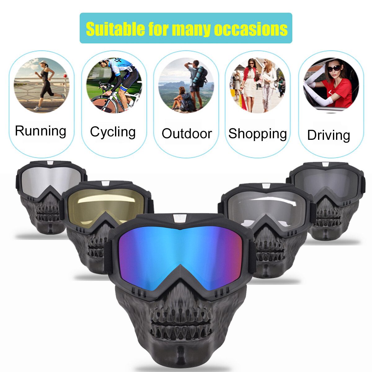Motorcycle Skull Face Outdoor Cover Sports Bike Shield Glasses White
