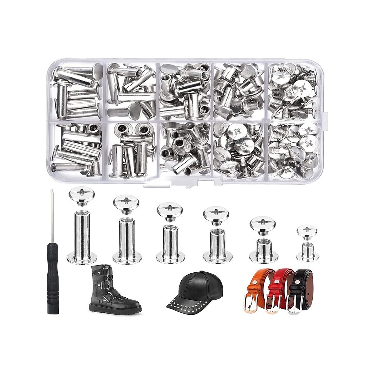 150Sets Chicago Screws Assorted Kit6 Sizes Round Flat Head Leather Rivets Chicago Binding Screws for Decorate Silver