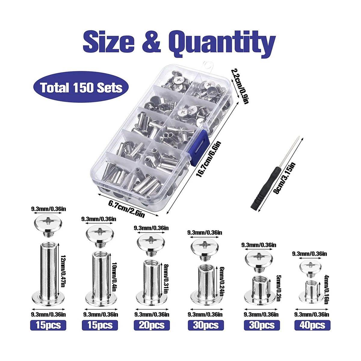 150Sets Chicago Screws Assorted Kit6 Sizes Round Flat Head Leather Rivets Chicago Binding Screws for Decorate Silver