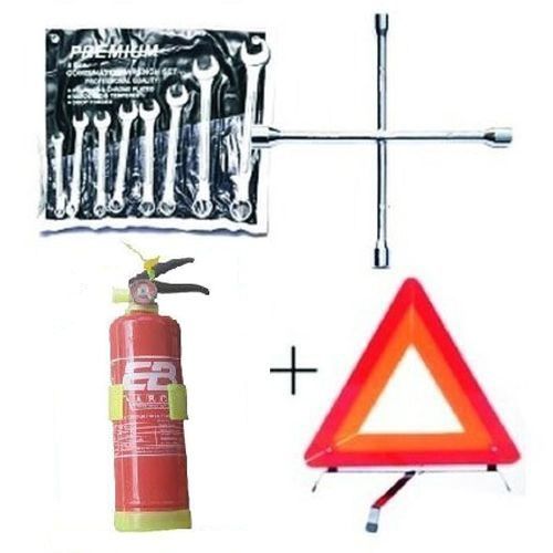 Automobile Car Safety Fire Extinguisher + Wheel Spanner + 8 Pcs Flat & Ring Spanner + C-Caution Sign