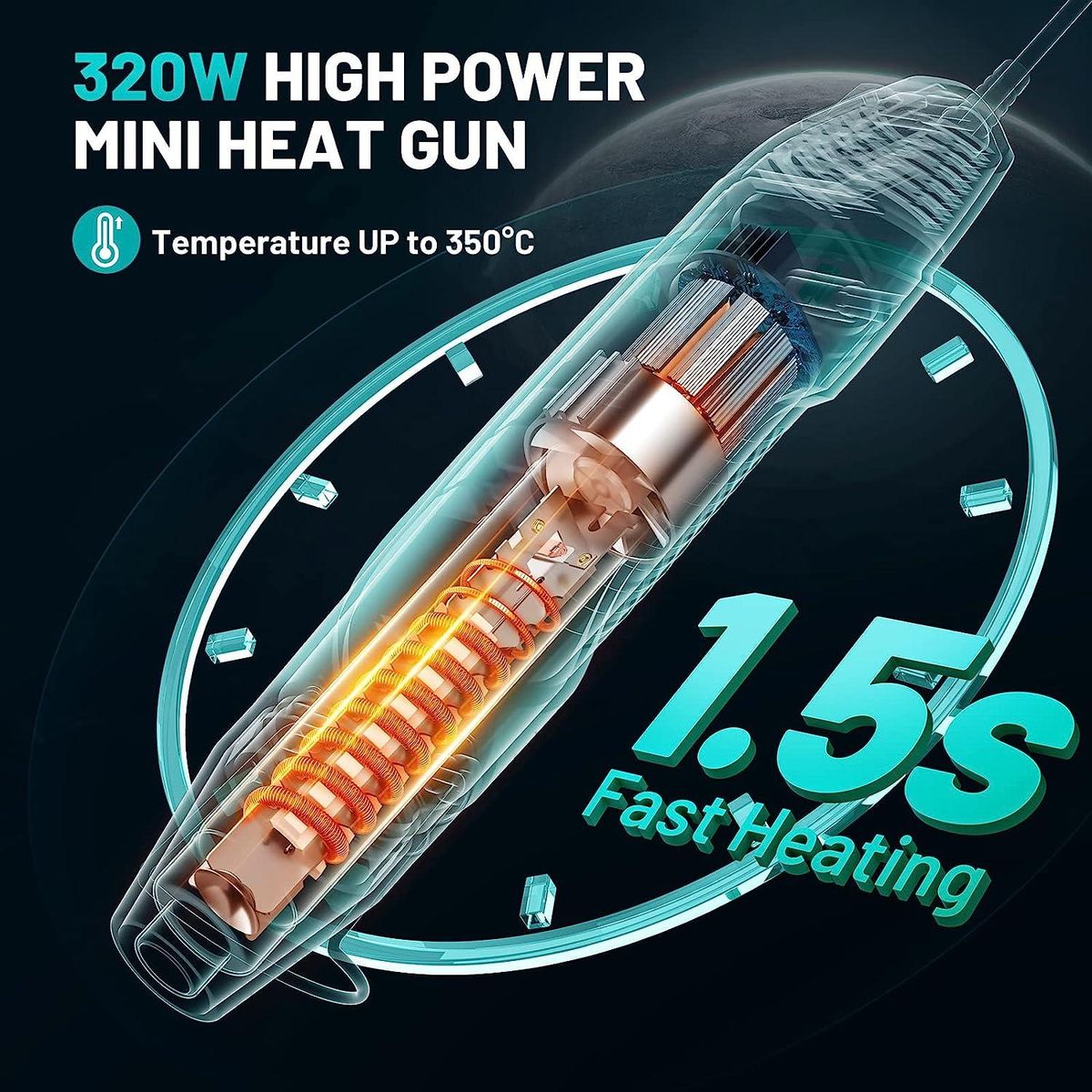 Heat Gun, 350°C Multi Function Portable Mini Hot Air Gun 320W with Overload Protection, 1.5m Ultra-Long Double Insulated Cable, Reflector Nozzle for DIY, Craft Embossing, Electronics