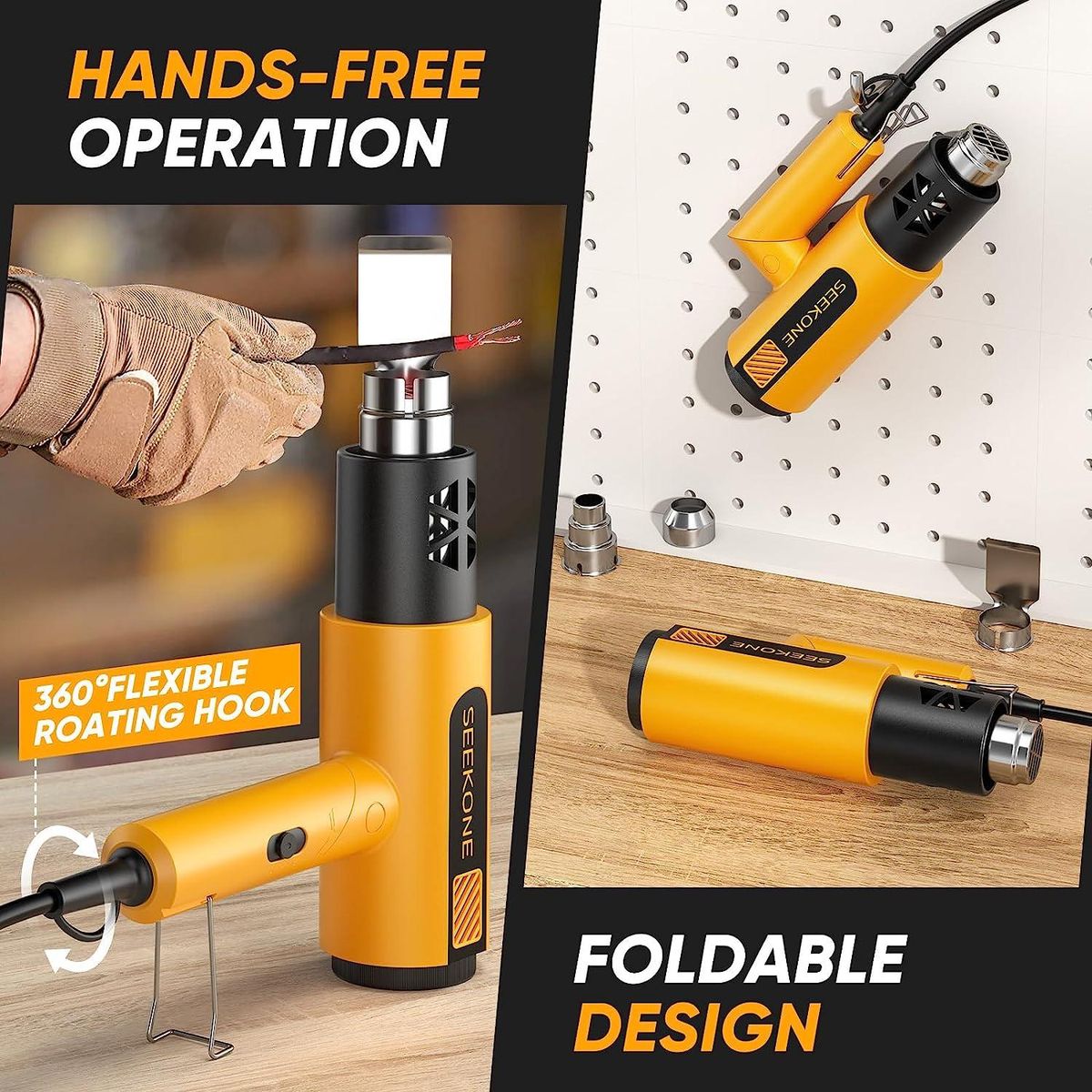 Foldable Heat Gun 1800W with Dual-Temperature Settings 400°C/600°C Fast Heating, Hot Air Gun Kit with 4 Nozzels with Overload Protection for Vinyl Wrap, Crafts, Stripping