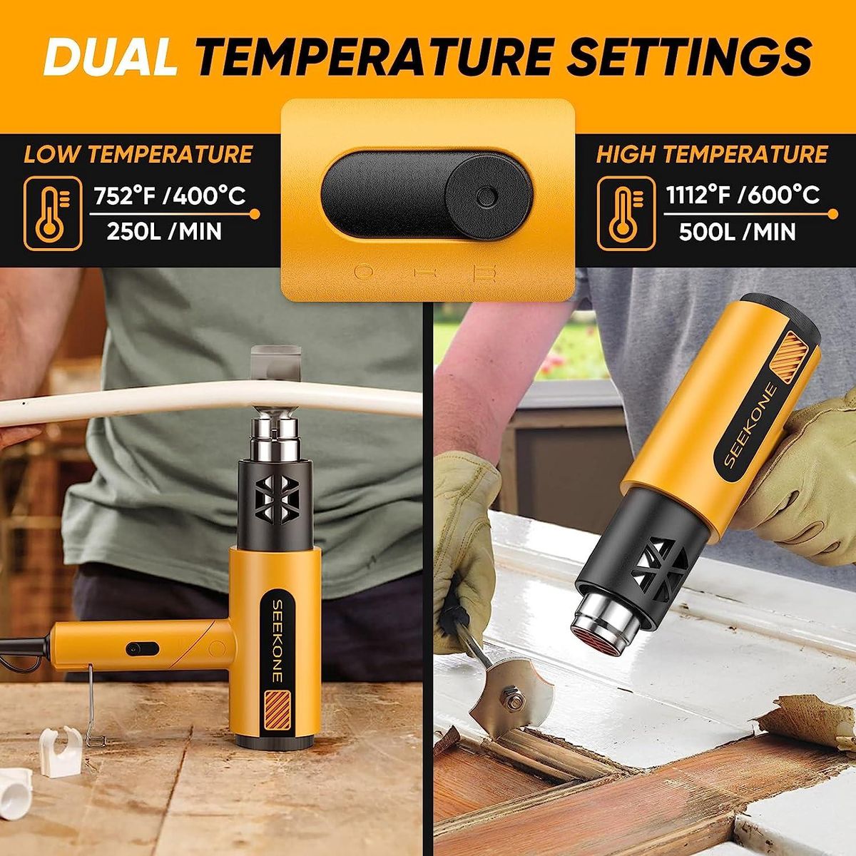 Foldable Heat Gun 1800W with Dual-Temperature Settings 400°C/600°C Fast Heating, Hot Air Gun Kit with 4 Nozzels with Overload Protection for Vinyl Wrap, Crafts, Stripping