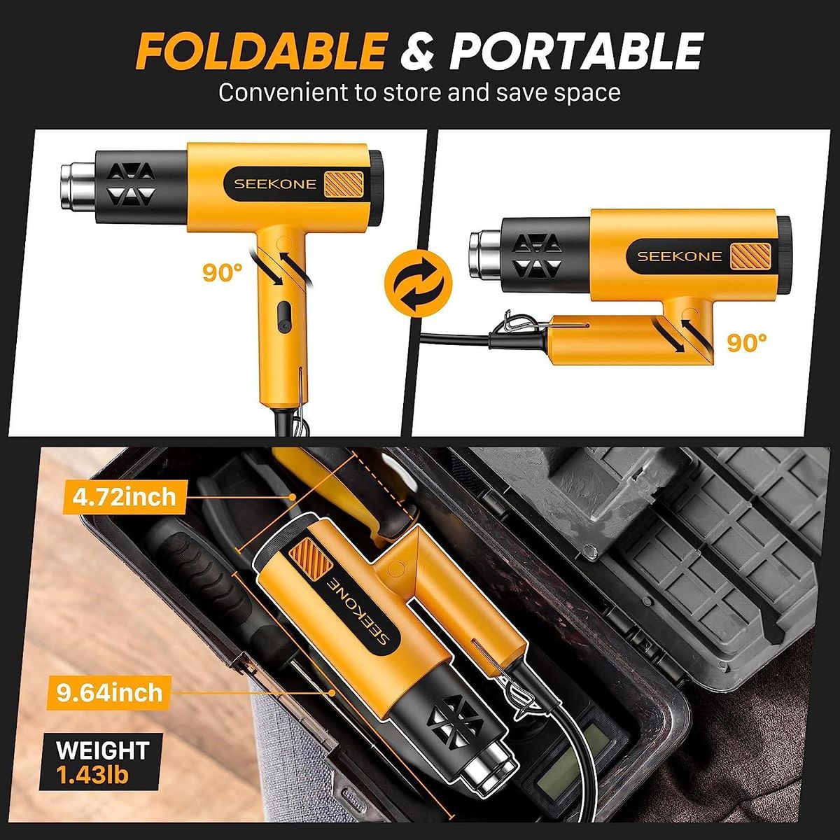 Foldable Heat Gun 1800W with Dual-Temperature Settings 400°C/600°C Fast Heating, Hot Air Gun Kit with 4 Nozzels with Overload Protection for Vinyl Wrap, Crafts, Stripping