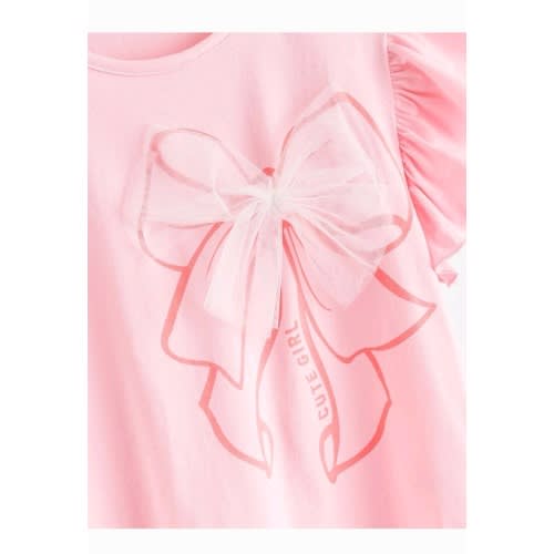 Girls Graphic Tutu Bow Frills Top- Pink