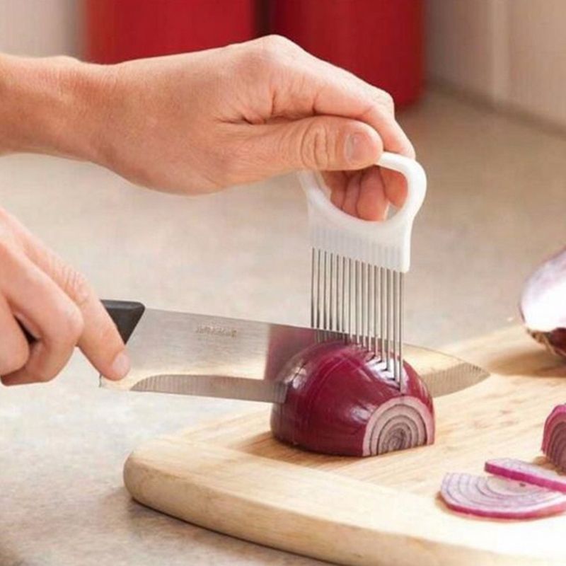 (orange)Easy Cut Onion Holder Fork Stainless Steel +Plastic Vegetable Slicer Tomato Cutter Metal Meat Needle Kitchen Accessories JIN