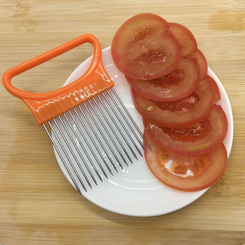 (orange)Easy Cut Onion Holder Fork Stainless Steel +Plastic Vegetable Slicer Tomato Cutter Metal Meat Needle Kitchen Accessories JIN