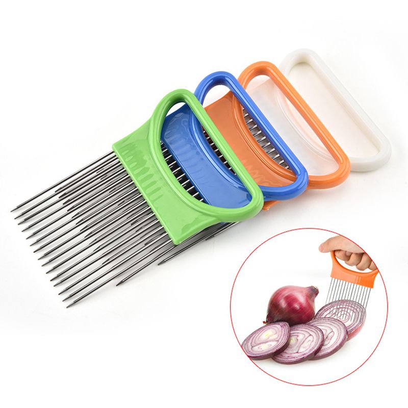 (orange)Easy Cut Onion Holder Fork Stainless Steel +Plastic Vegetable Slicer Tomato Cutter Metal Meat Needle Kitchen Accessories JIN