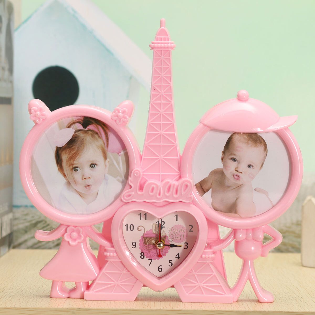 New Pink Tower Love Heart Shaped Picture Photo Frame & Time Clock Home DIY Decor