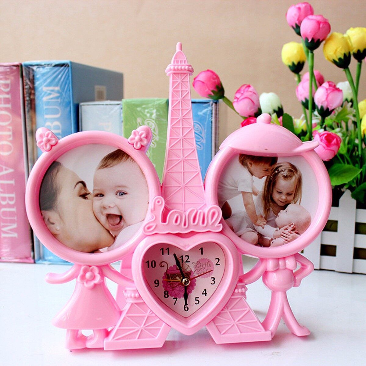 New Pink Tower Love Heart Shaped Picture Photo Frame & Time Clock Home DIY Decor