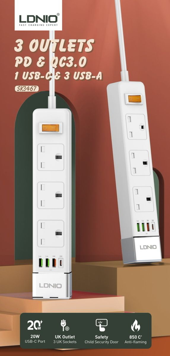 3 X USB Ports 1 X PD 20W USB-C 3 X UK Socket