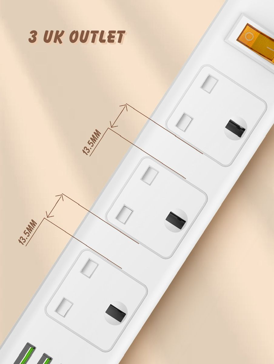 3 X USB Ports 1 X PD 20W USB-C 3 X UK Socket