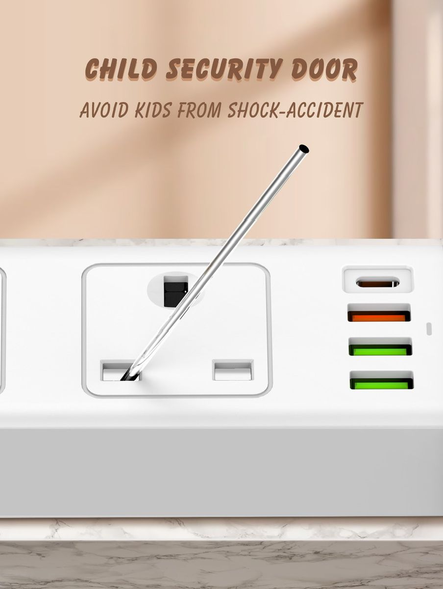 3 X USB Ports 1 X PD 20W USB-C 3 X UK Socket