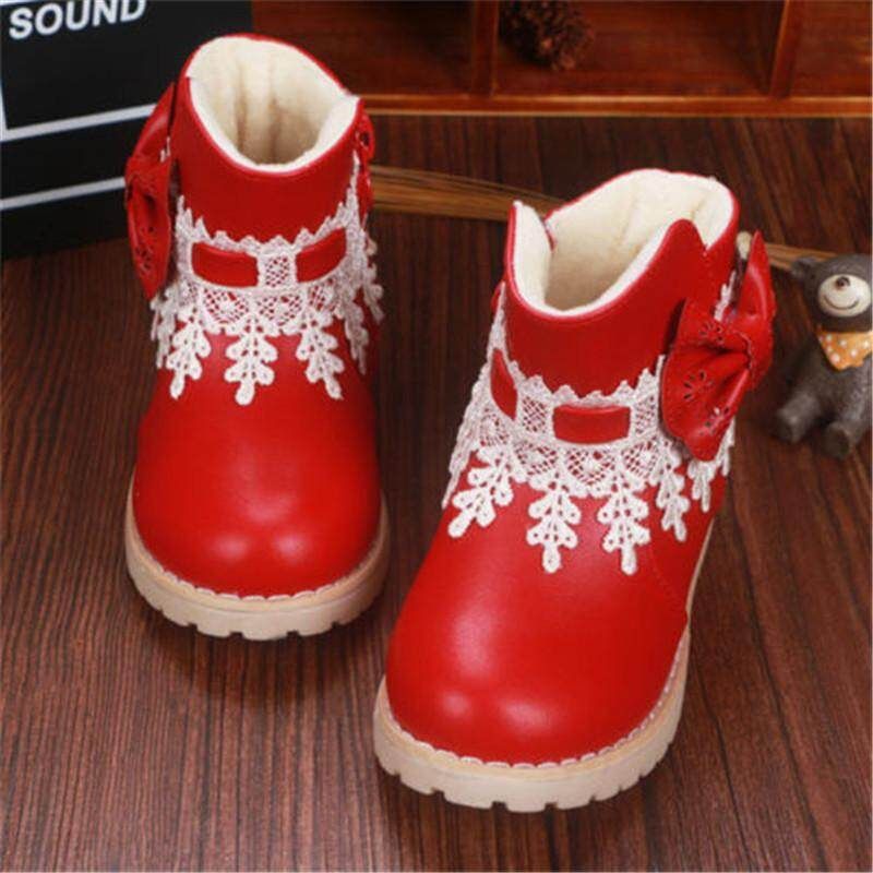 Waterproof Baby Kids Girls Children Lace Snow Ankle Boots Casual Princess Shoes Red 25