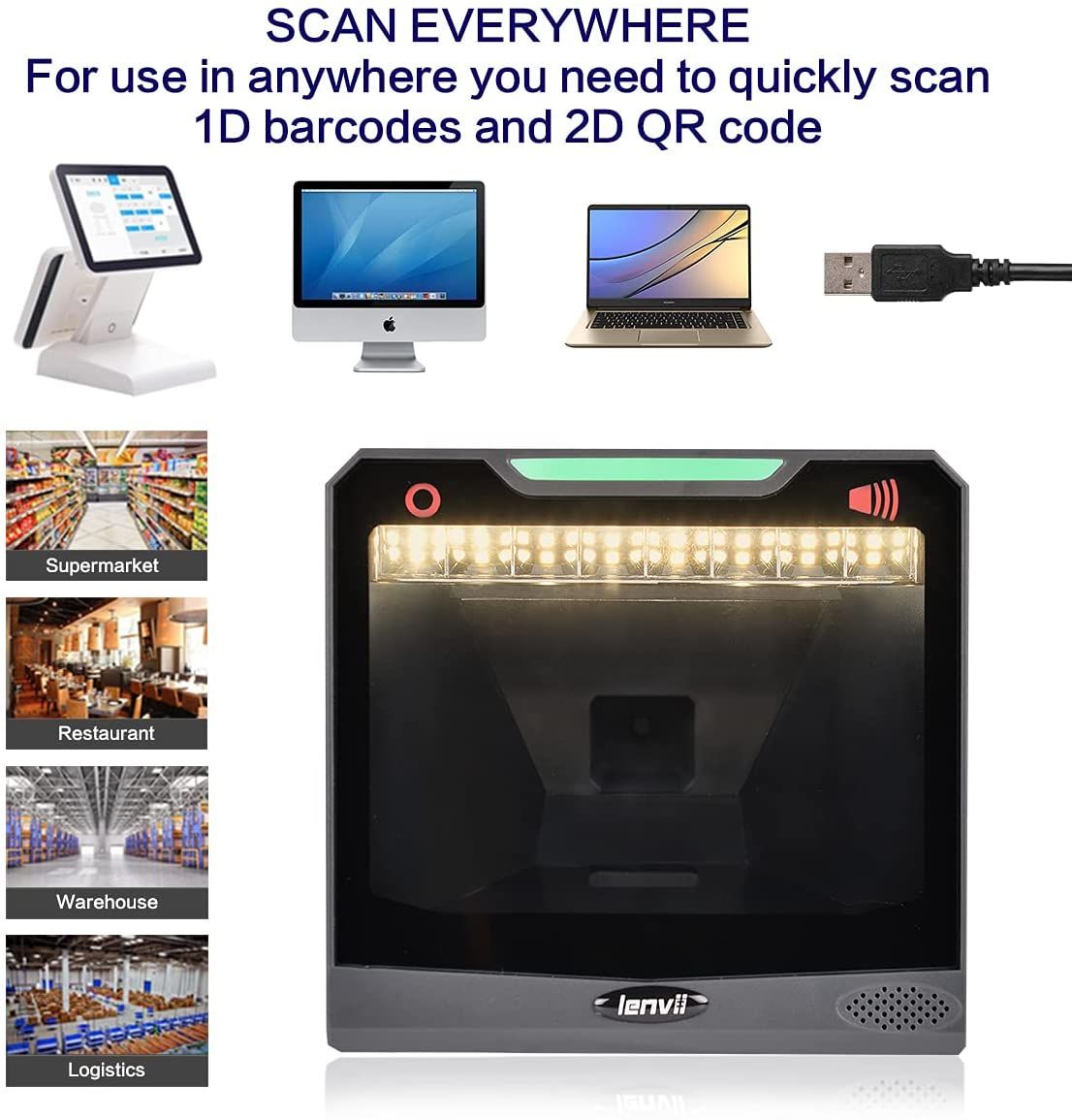 E688  2D Desktop Barcode Reader With Big Windon  1D 2D QR Barcode Scanner  Suitable For Logistics Supermarket Warehouse Prod