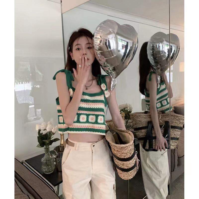 (LEMON GREEN)OUMEA Women Knitting Stripe Crochet Crop Tops Summer Bow Tied Strap Bright Color Patchwork Floral Casual Sweet Short Tops WEF