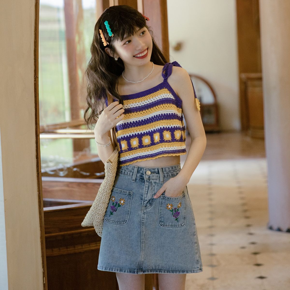 (LEMON GREEN)OUMEA Women Knitting Stripe Crochet Crop Tops Summer Bow Tied Strap Bright Color Patchwork Floral Casual Sweet Short Tops WEF