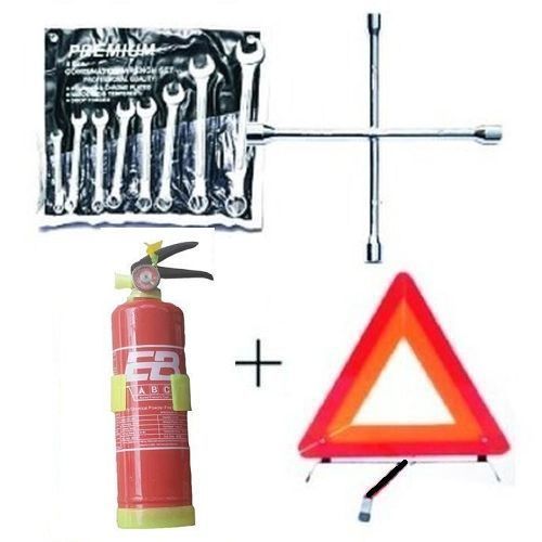 Car Safety Fire Extinguisher + Wheel Spanner + 8 Pcs Flat & Ring Spanner + C-Caution Sign