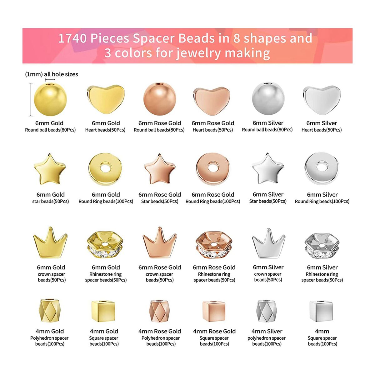 Gold Beads for Jewelry Bracelets Making1740 PC 8 Styles Spacer Beads Kit for Bracelets Making Round Beads Beads Crafts