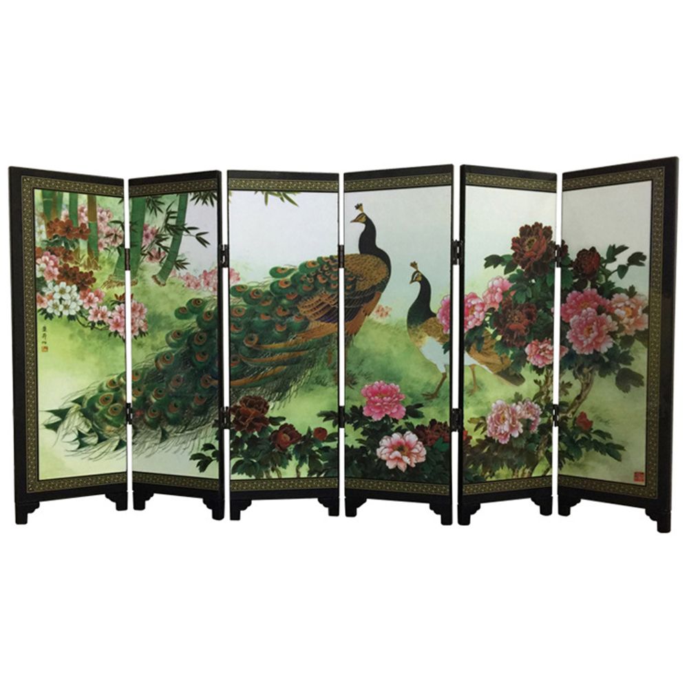 Wooden 6-Panel Peacock Screen Room Divider Folding-Black