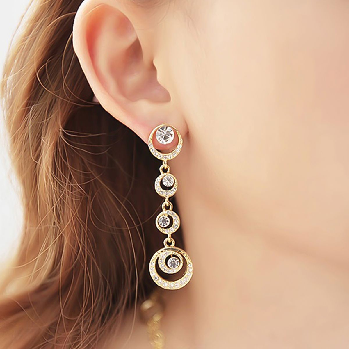 Stud Earrings Circle Dangle Dazzling Rhinestone Women Long Drop Ear Studs Jewelry For Wedding-Silver