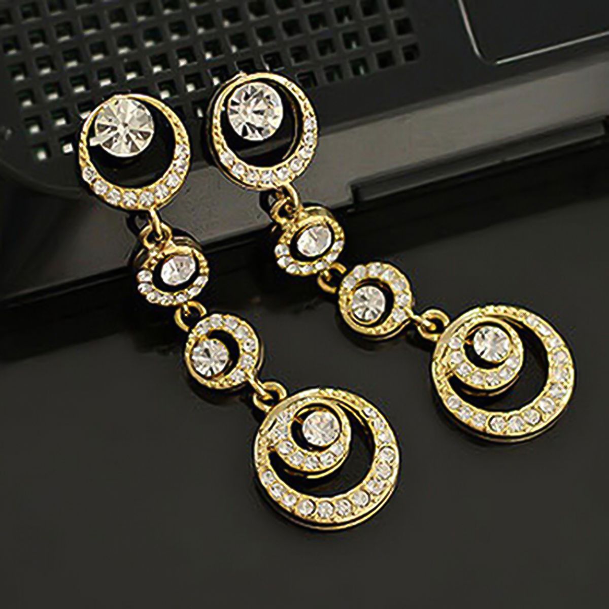 Stud Earrings Circle Dangle Dazzling Rhinestone Women Long Drop Ear Studs Jewelry For Wedding-Silver
